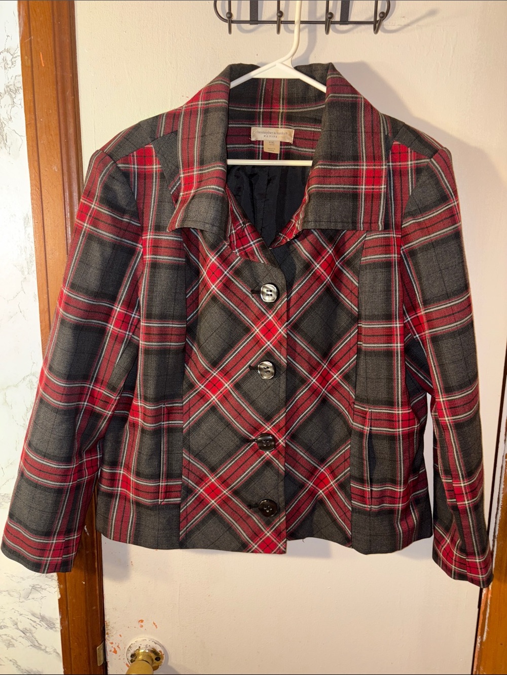 Christopher & Banks Plaid Red and Gray Button-Front Jacket